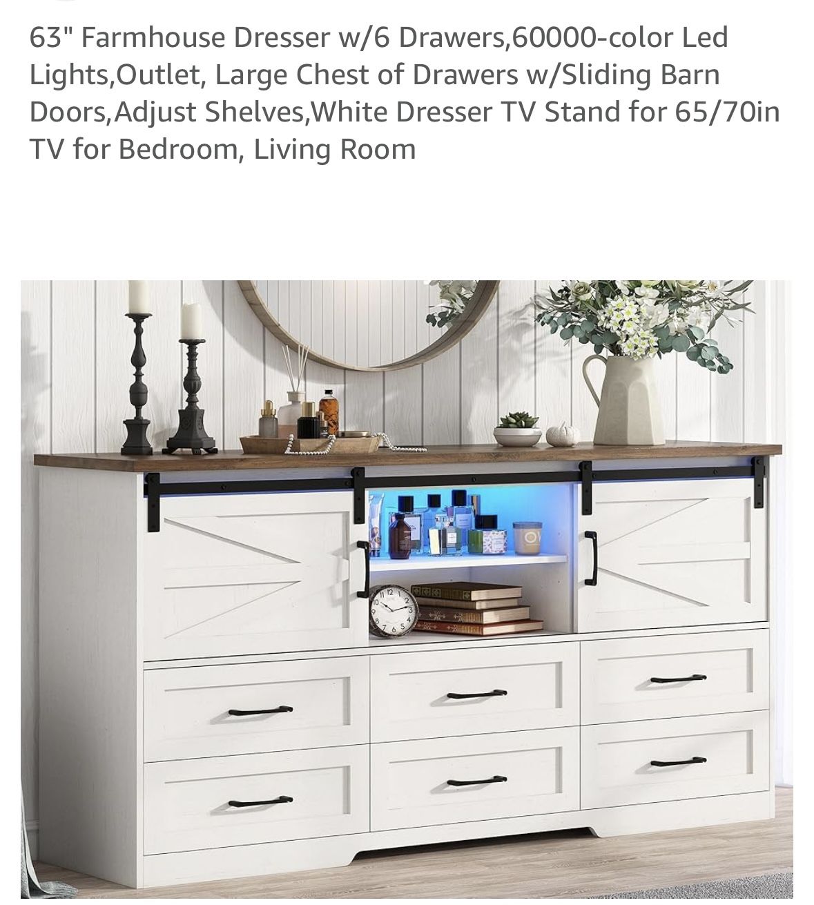 63" Dresser w/6 Drawers, Led Lights, Outlet, Large Chest of Drawers w/Sliding Barn Doors, Adjustable Shelves