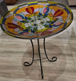 Stained Glass Style Bird Bath with Metal Stand