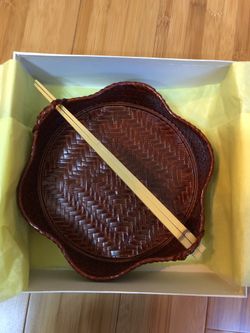 Japanese Handwoven Bamboo Serving Dish with Chopsticks