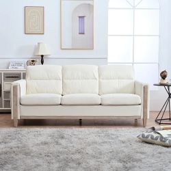 Modern Upholstered Sofa With Side Pocket Solid Wood Frame 3-Seater Sofa, White 