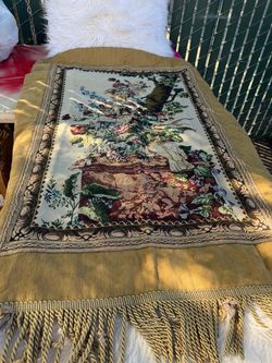 Title: Large Floral and Bird Woven Tapestry Throw with Fringe – 37” × 56”