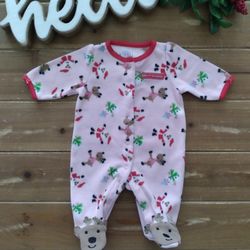 NEWBORN PINK CHRISTMAS PRINT FLEECE FOOTIE PAJAMA 