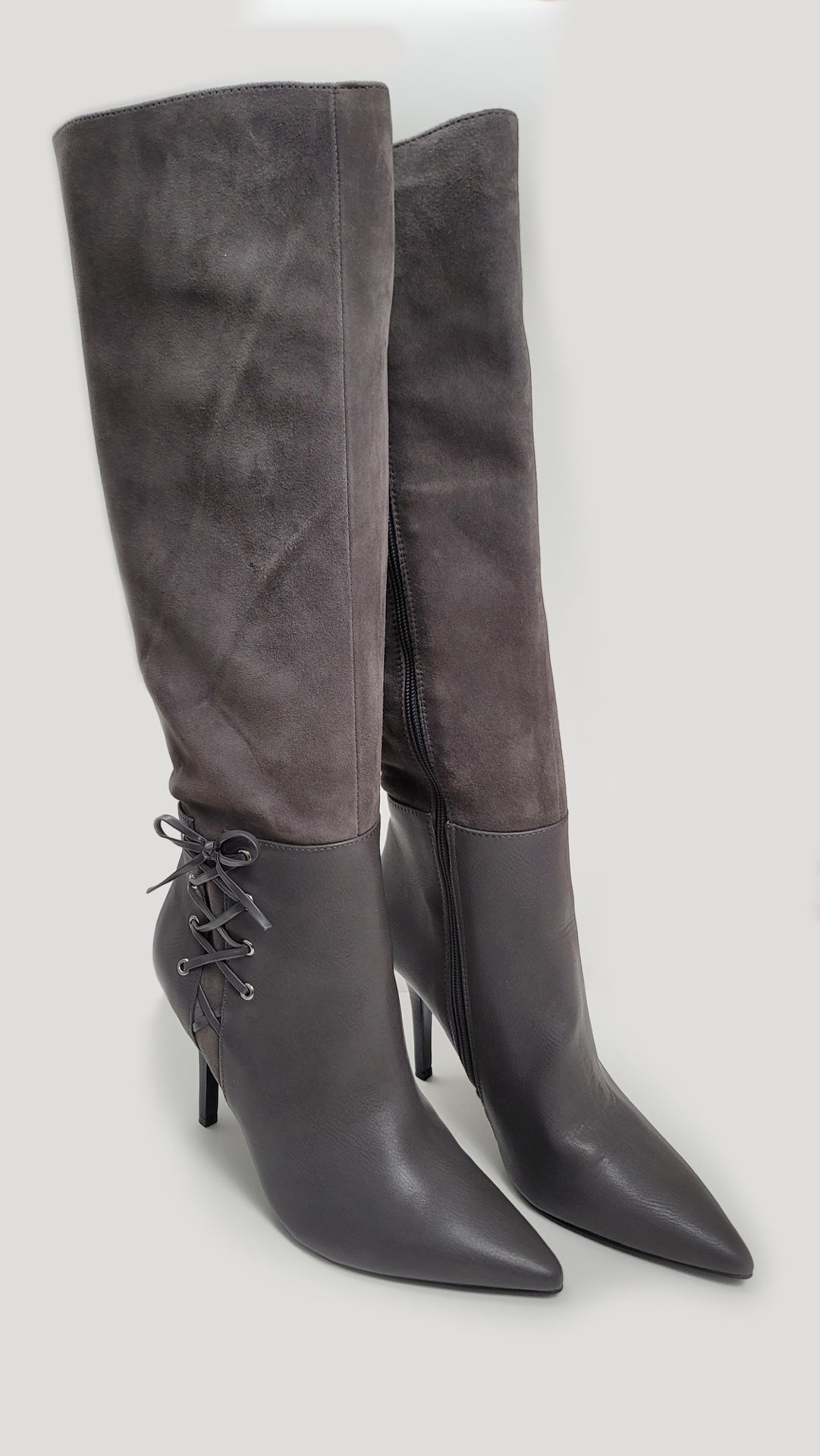 Nine West Grey Suede Encased with Faux Leather Beautifully Laced Boots Size 8M