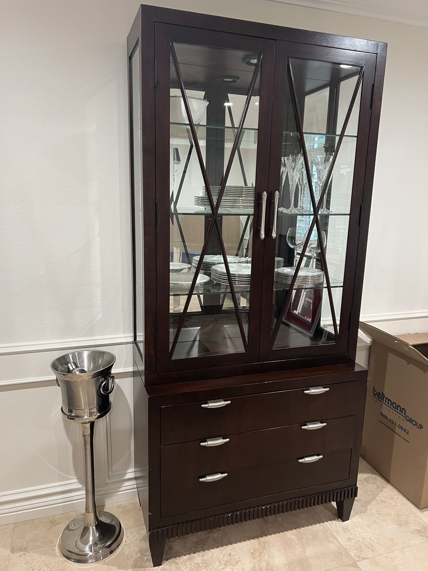 Lighted China Cabinet With Glass Shelves And Velvet Lined Drawer 