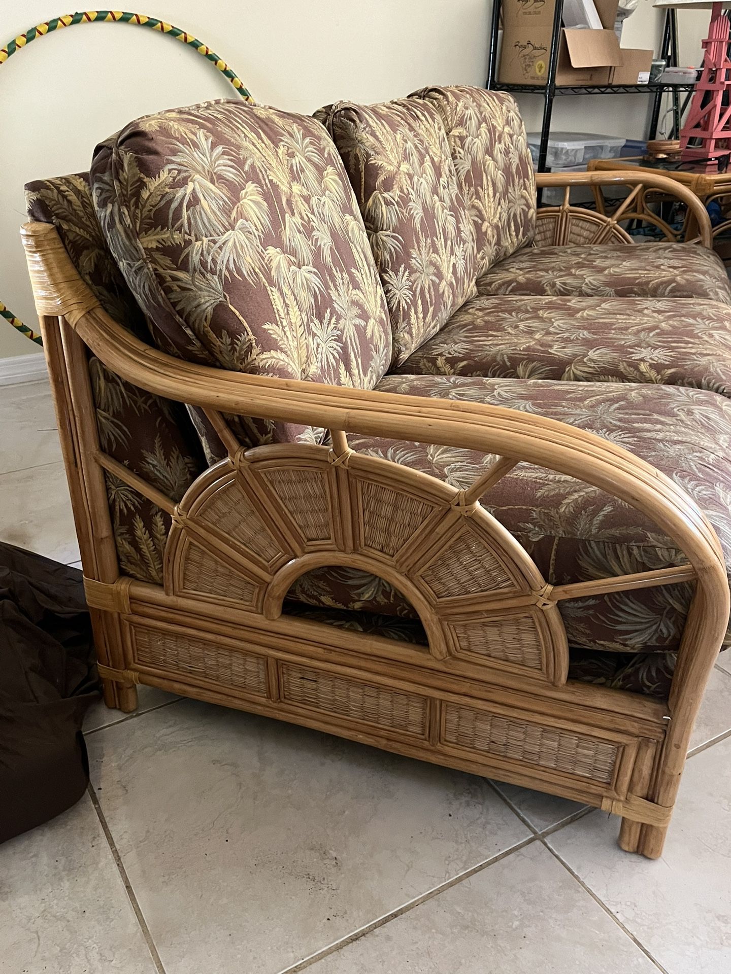 Rattan Couch, 2 Side Tables, Coffee Table