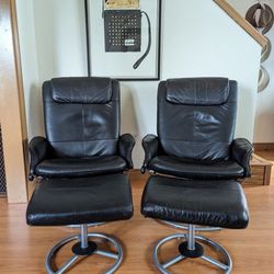 Pair of Ekornes Stressless Style Black Leather Lounge Chair & Ottoman