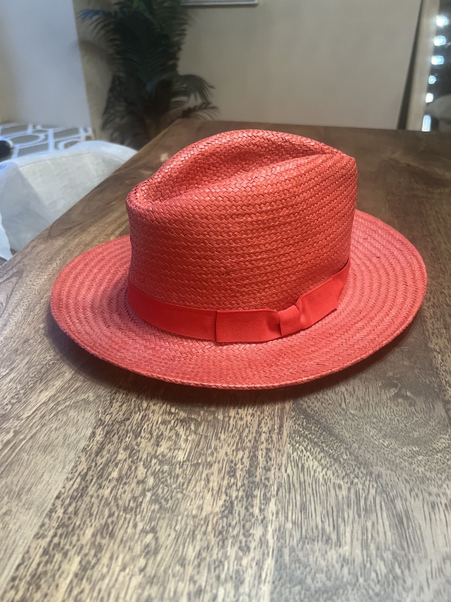 Stylish Red Straw Hat with Ribbon by 14th & Unionist