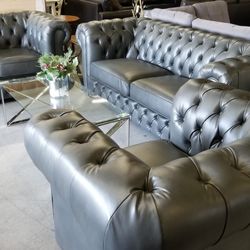 Traditional gray tufted faux leather sofa Love and chair