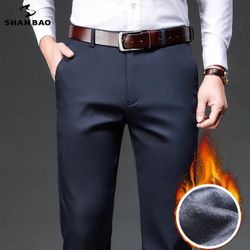  2021 winter Office brand fleece thick warm fit straight trousers business casual men's high waist lyocell classic Navy Blue pants