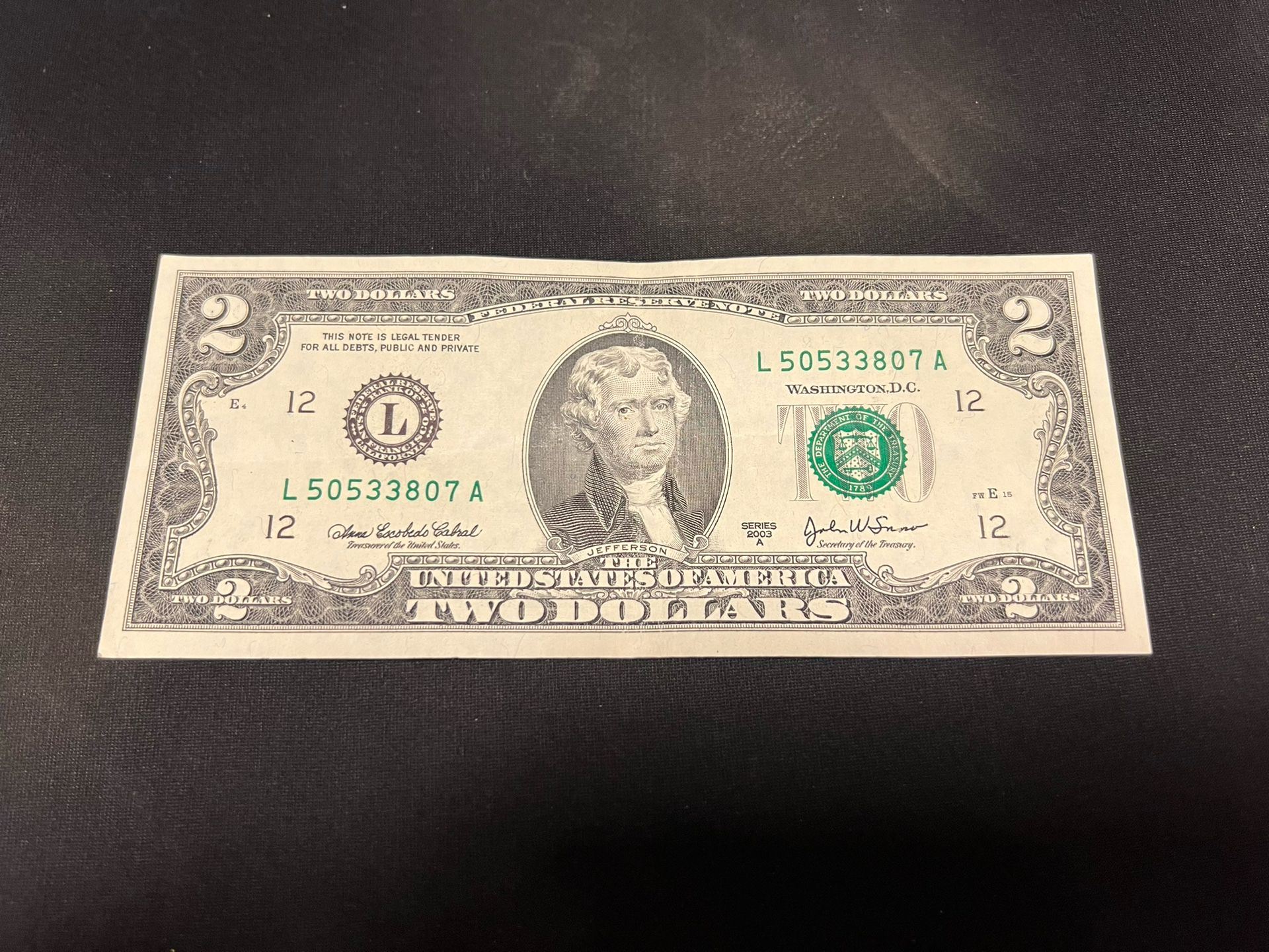 $2 bill USD Thomas Jefferson 2003 Series