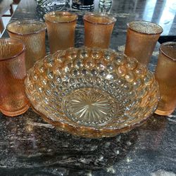 Vintage Anchor Hocking Bubble Iridescent Round Vegetable Bowl; 6 Accompanying Drinking Glasses 