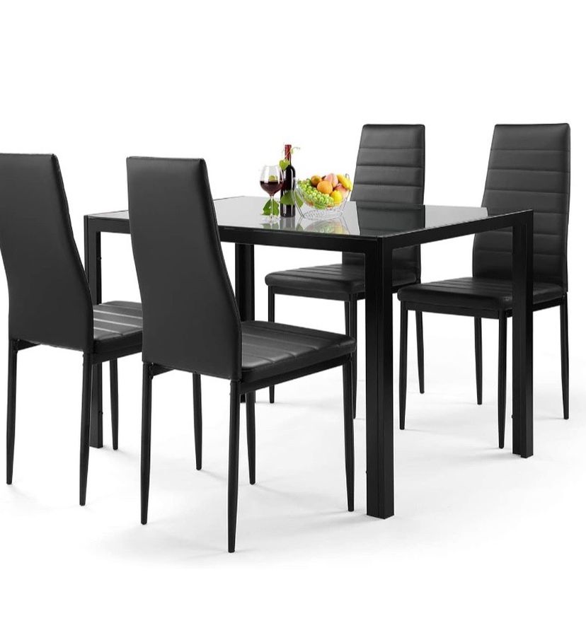 , 5 Pieces Dining Table Set for 4,Kitchen Room Tempered Glass Dining Table,4 Faux Leather Chairs,Black