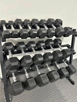 Brand New 550lbs Rubber Hex Dumbbells Set 5-50lbs 3 Tier rack FIRM PRICE LIST