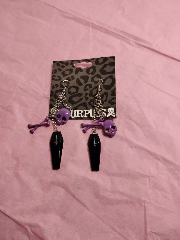 Halloween  Earrings Purple Skull And Crossbones Black Coffin Earrings