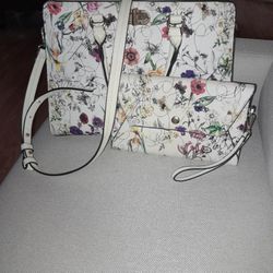 White Floral Purse With Wallet And Extra Strap