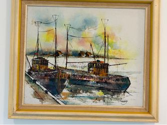 Original Oil Painting of Fishing Boats by Marchello 30x26