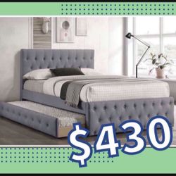 New In Box FULL BED W/TRUNDLE-LIGHT GREY BURLAP And 2 Mattresses.