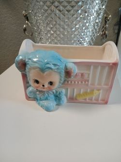 Blue baby teddy bear ceramic planter
