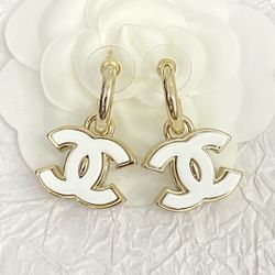 White gold enamel double C pendant earrings 
