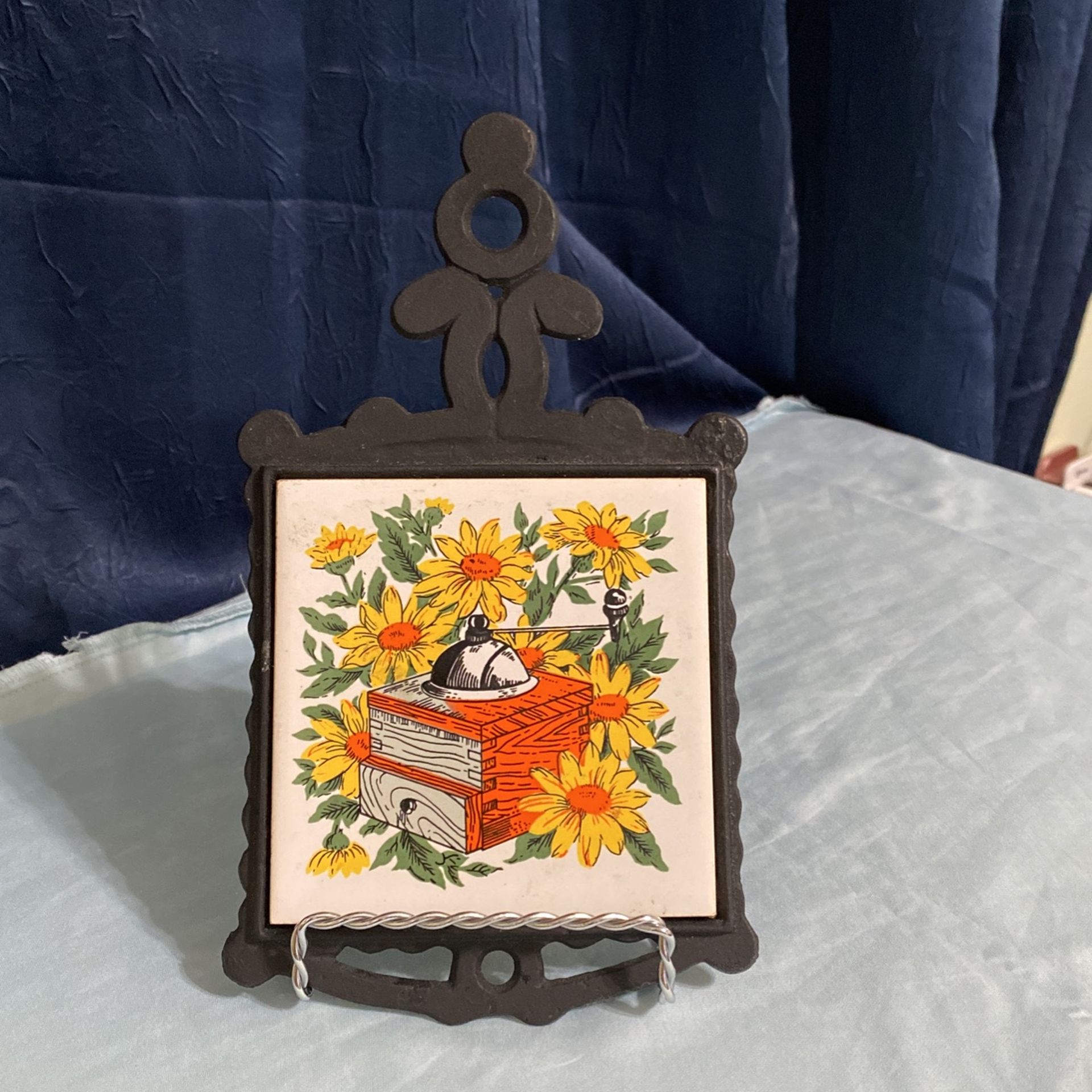 Vintage Cathay Cast Iron, Ceramic Tile Hot Plate. Footed with Sunflowers.