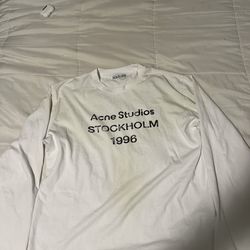 Acne studios logo distressed white longsleeve shirt with dirt effect. Size M( measurements provided in pictures) New, worn literally once no flaws at 