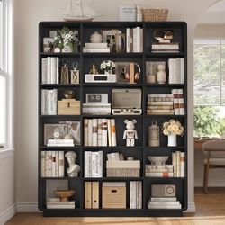 72" Triple Wide Bookshelf, 6-Tier Tall Bookcase, Black Book Shelf Large Bookshelf with 18 Open Display Shelves, Wooden Bookshelf with Rounded Corner,