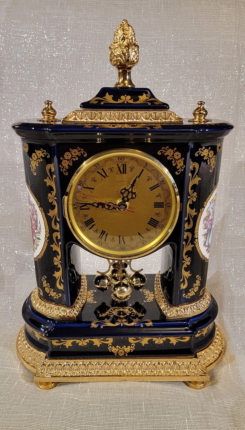 Vintage cobalt blue porcelain Limoges Mantel Clock, by Alfa 