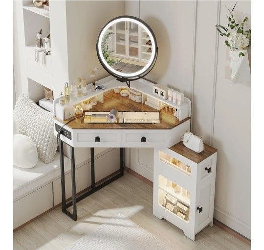 Corner Vanity Desk with Mirror and Lights,