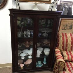 Mahogany Curio cabinet, glass shelves, perfect size, dark finish