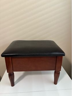 Wooden footstool Storage Ottoman with Black Faux Leather Top