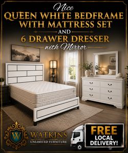 🌟 QUEEN WHITE BEDFRAME WITH MATTRESS SET + 6-DRAWER DRESSER WITH MIRROR 🌟