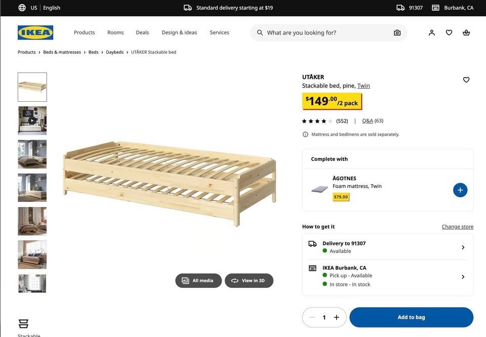 TWO IKEA Stackable Twin Bed Frames UTÅKER