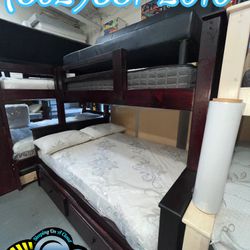 Dark Cherry Twin/ Full / Full Triple Solid Wood Bunk Bed All Mattresses Included 