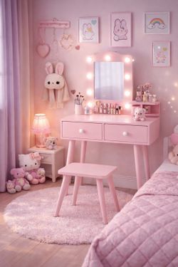 Kids Vanity Set and Mirror, Wooden Pretend Play Vanity Table and Chair Set for Girls with Stool, Drawer, Princess Makeup Dress-Up Toy for Toddlers 3+Y