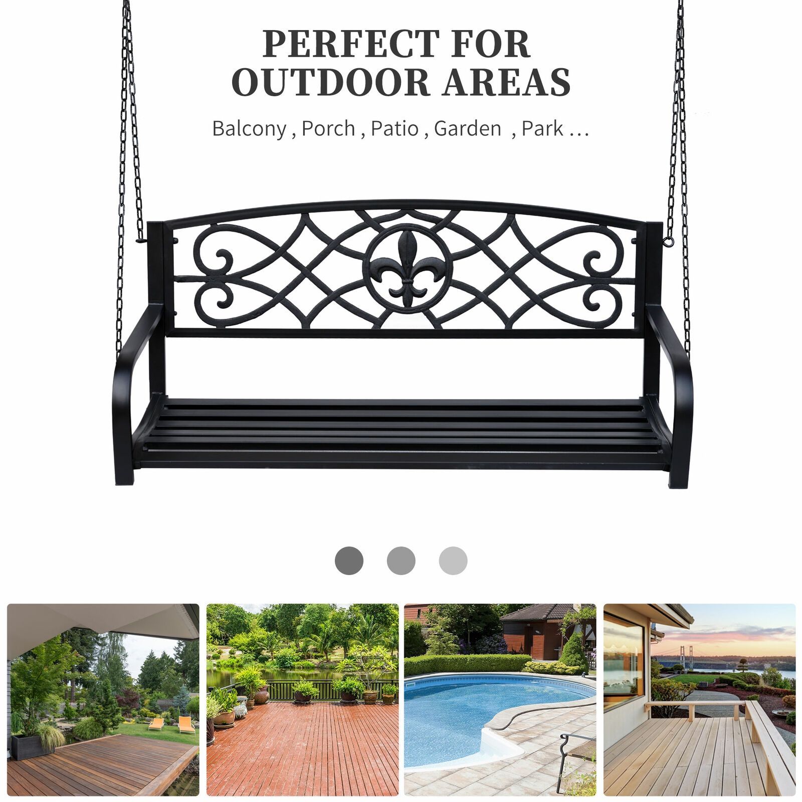 Porch Swing Fleur De Lis Outdoor Decor Patio Bench Deck Garden Metal Glider Black