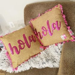 SET of 2 HOLA Sequence Throw Pillows (16x16) Tassel Trim Pink $15ea. FIRM
