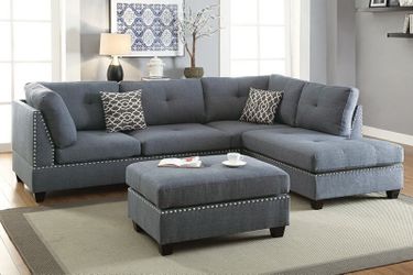 New grey studded sofa sectional with ottoman