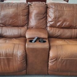 Ashley Furniture Leather Power Recliner Sofa and Love Seat Sofa with Cup Holders For Sale