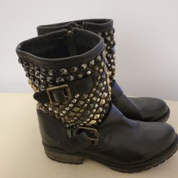 Black Leather Boots Biker Studded Short 6.5