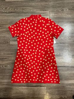 Anthropologie Polka Dot Shift Dress Red Gold Mock Neck Short Sleeve Zip Size XL