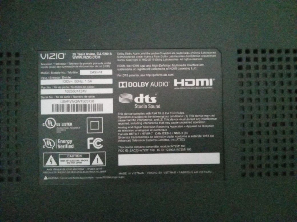 Vizio D43fxF4 40 Inch Smart TV For Parts