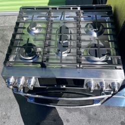 GE Profile 30 in. 5 Burner Smart Slide-In Double Oven Gas Range in Fingerprint Resistant Stainless with True Convection