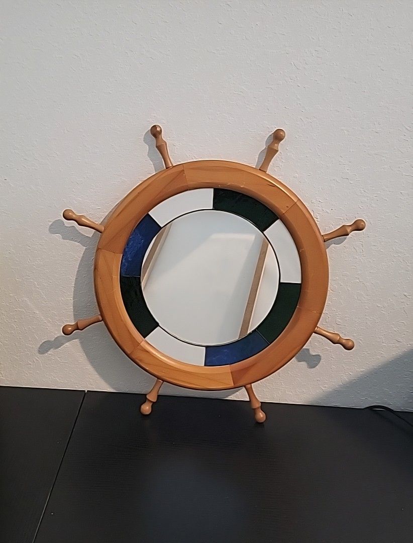 20 Inch Nautical Wood And Stained Glass Antique Ships Wheel with Mirror