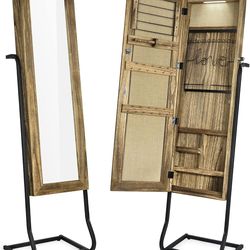 Jewelry Armoire Cabinet, Solid Wood Standing Jewelry Organizer with Full Length Mirror
