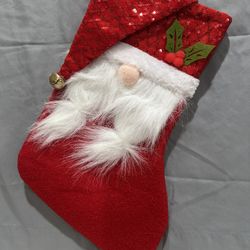 Christmas Stocking Gnome Design With A Fuzzy Beard & Pink Nose.