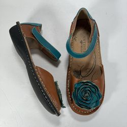 L'Artiste by Spring Step Caicos Floral Mary Jane Shoes Teal Brown Leather Size 8