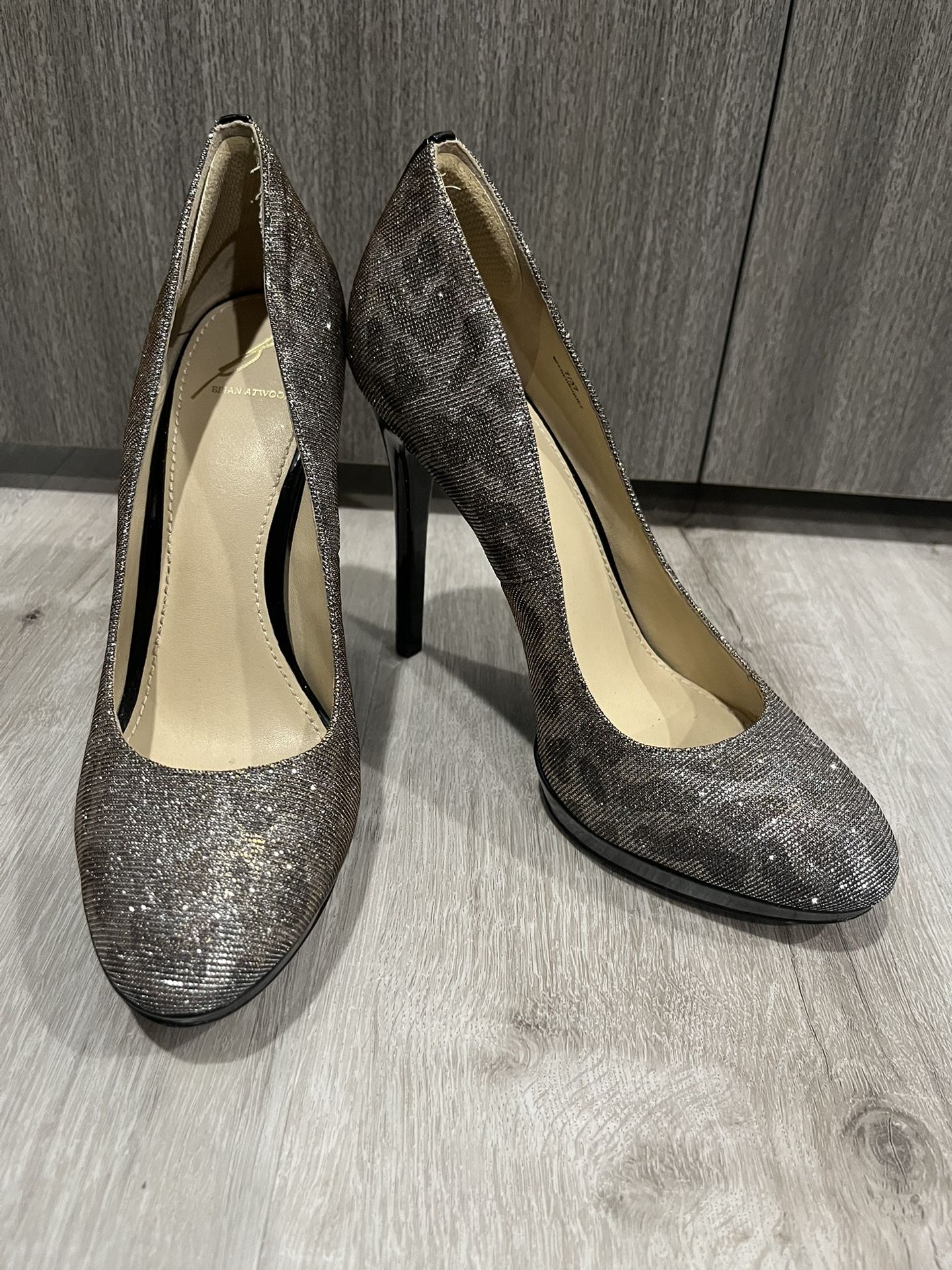 Brian Atwood Leo Glitter And Suede Heels Size 7