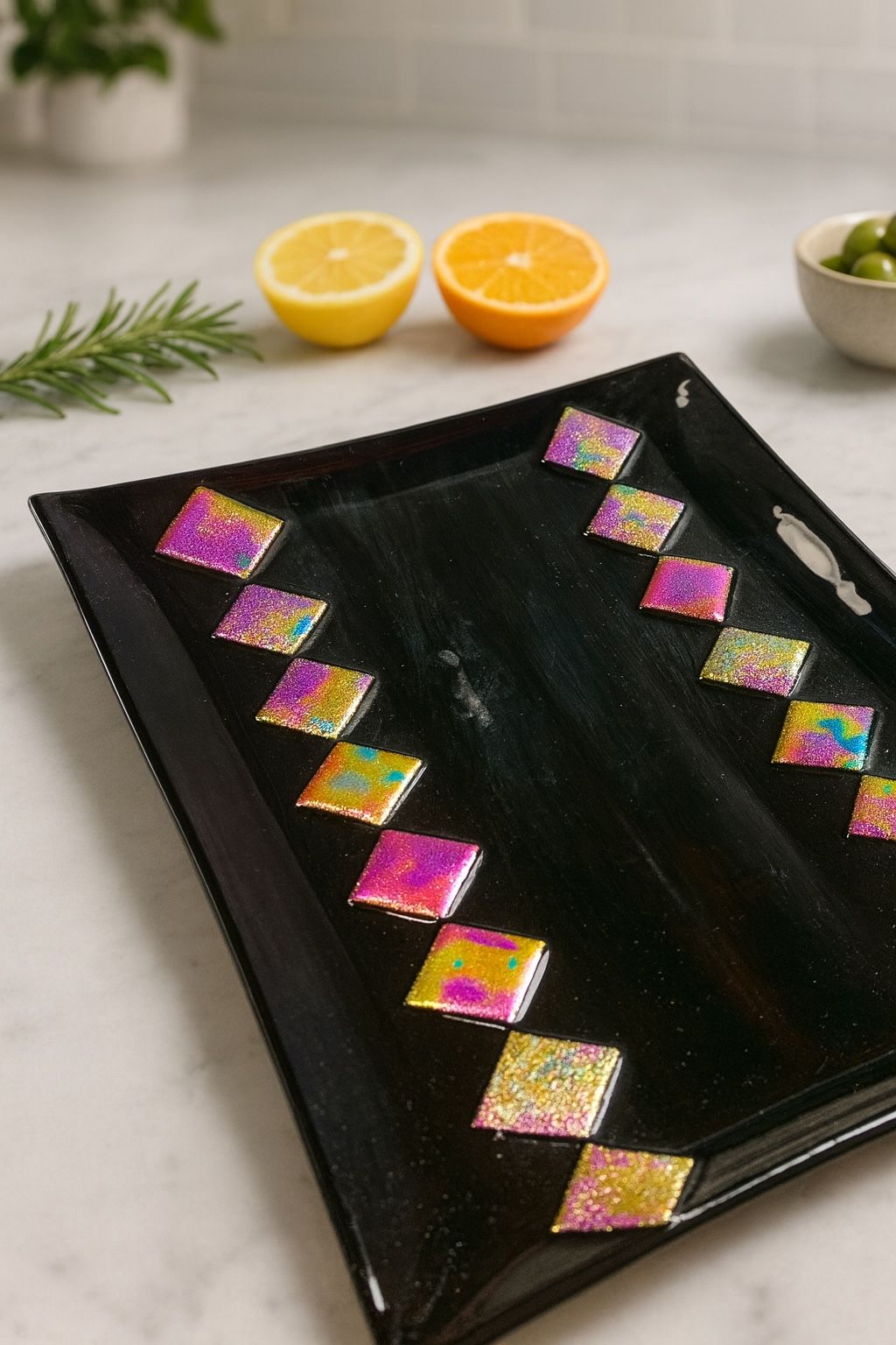 Artisan Vintage 1980s Fused Glass Black Tray Dichroic Diamonds, 11.5x8”