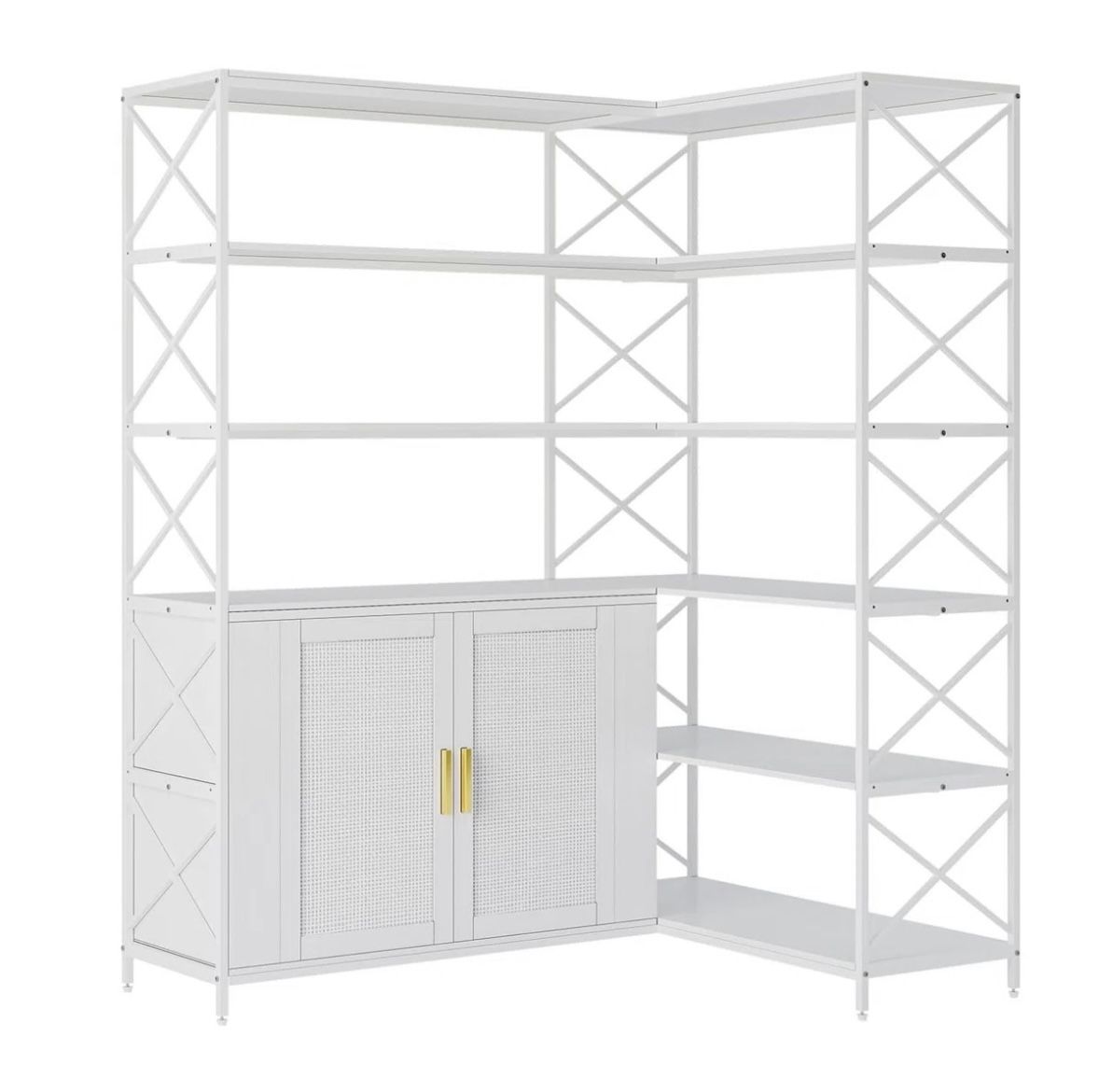 Corner Bookshelf 6 Tier, L Shaped Bookcase with Rattan Storage Cabinet, Wooden Corner Bookcase with Open Shelves and Metal Frame
