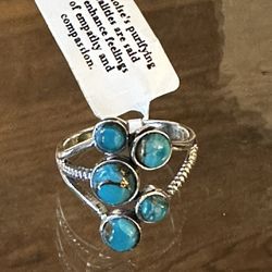 Sterling Silver Blue Copper Turquoise (Mosaic or Mojave) Bazel Set 5 Stone Ring 